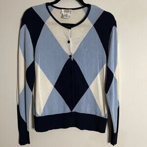 Talbots Argyle Cardigan & Sleeveless Silk Sweater Set Blue White One Size